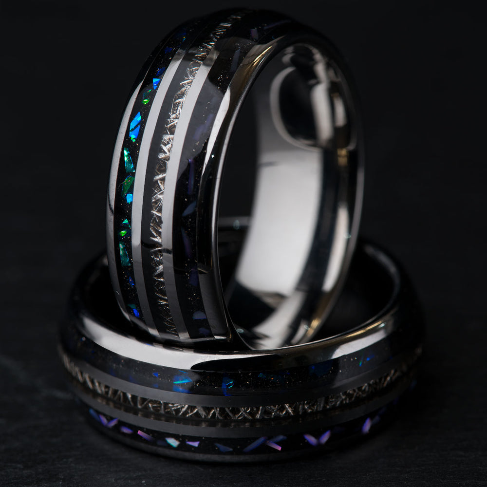 The Astronaut tungsten ring with colorful opal, meteorite, and abalone shell inlay, cosmic design. Ideal wedding band.
