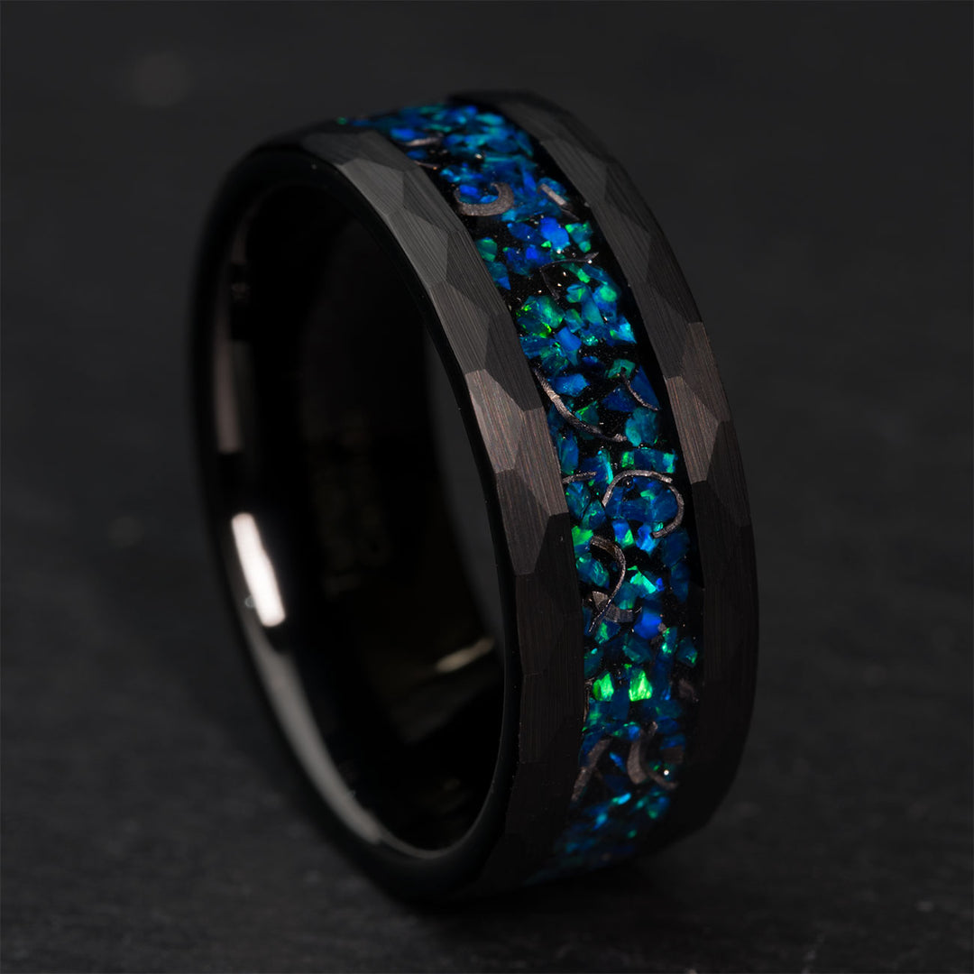 Black tungsten ring with blue and green opal inlay