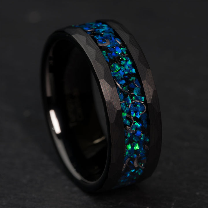 Black tungsten ring with blue and green opal inlay