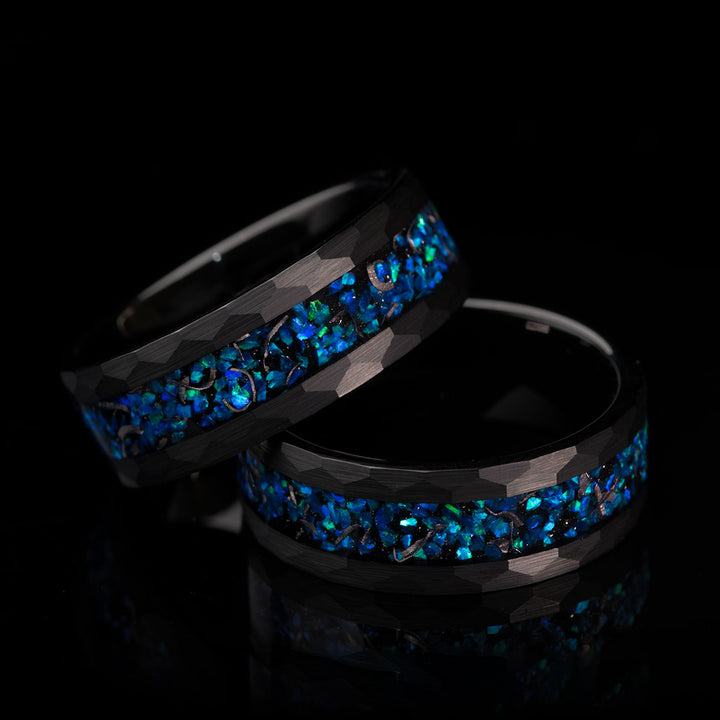 Black tungsten ring with blue opal inlay