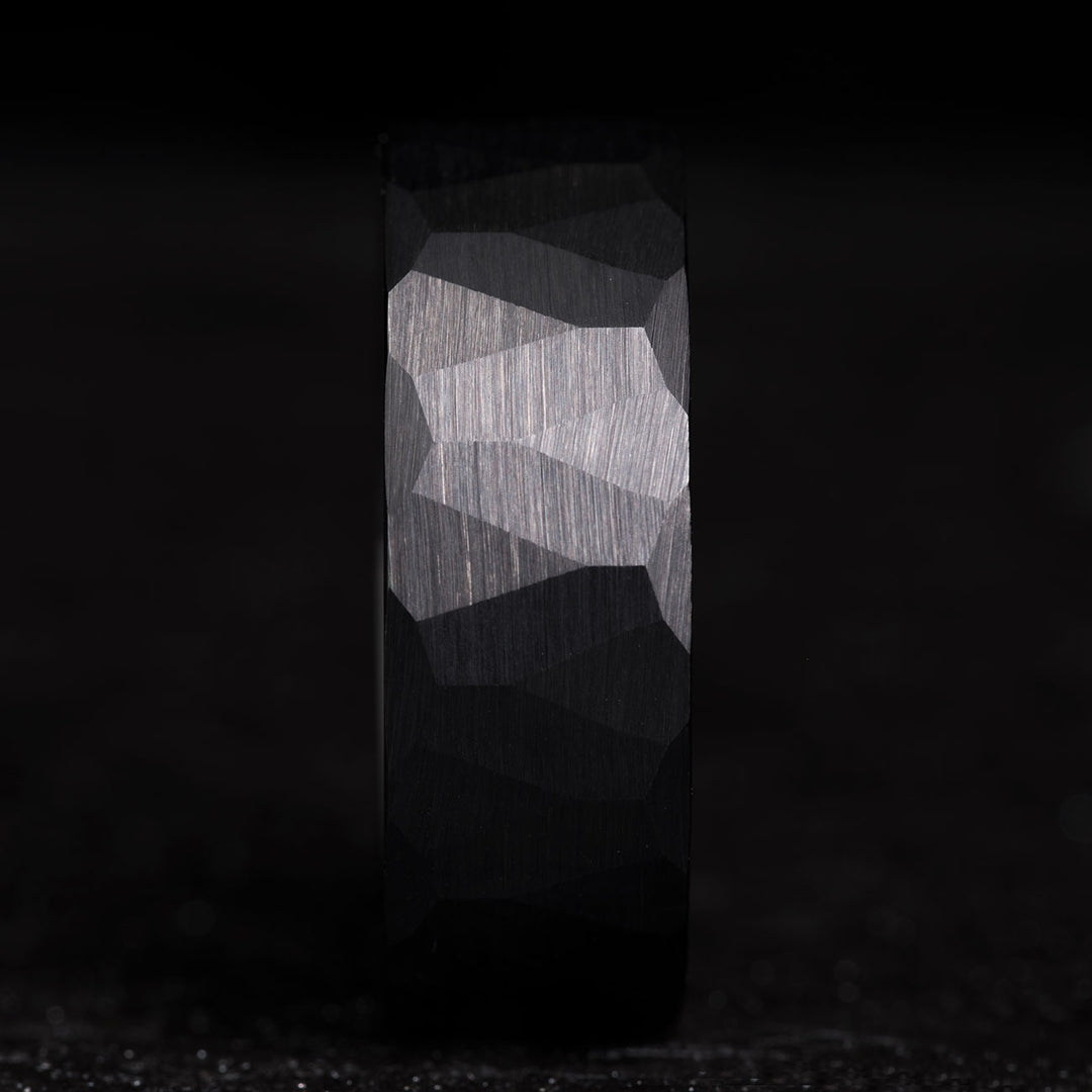 Black Hammered Tungsten Carbide Ring with Faceted Texture