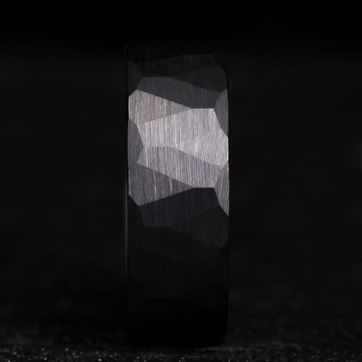 Black Hammered Tungsten Carbide Ring with Faceted Texture