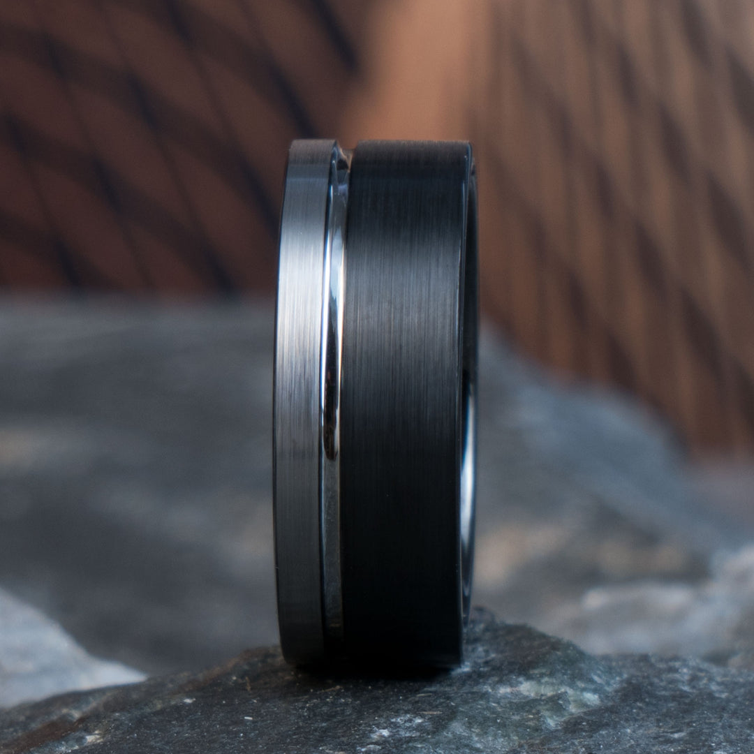 THE BARON Tungsten Ring, black and silver wedding band, unique design