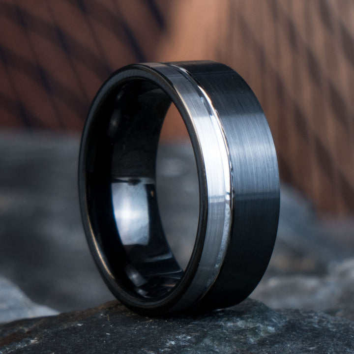 Black tungsten ring with silver stripe - The Baron wedding band