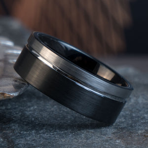 8mm black tungsten carbide ring with brushed finish and polished silver stripe, Style SGT6331.
