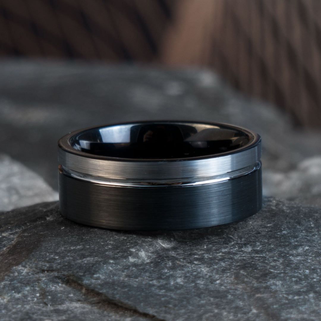 The Baron 8mm Tungsten Ring - Black and Silver Wedding Band
