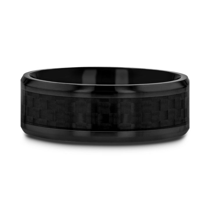 Black tungsten ring with forged carbon fiber inlay