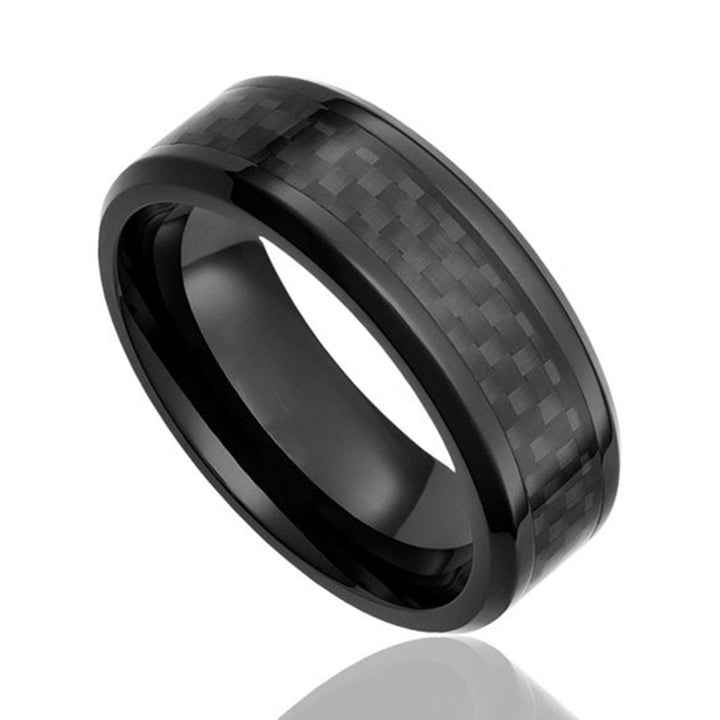 Black tungsten ring with carbon fiber inlay, The Basalt