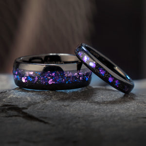 THE CAPRICORNUS black tungsten wedding rings with purple and blue alexandrite inlay for product page.