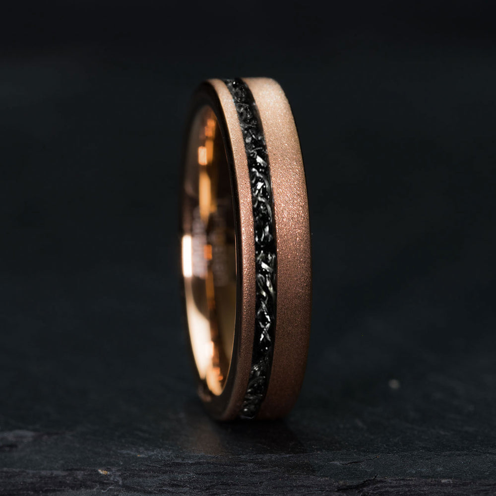 The Count rose gold tungsten wedding band SGTM009 with sandblasted finish and meteorite inlay.
