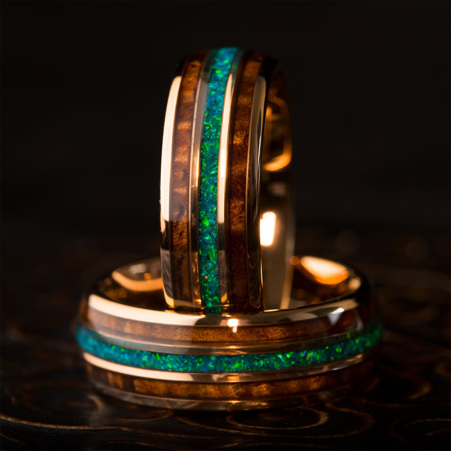 THE CREATOR | Rose Gold Tungsten Ring & Koa Wood And Opal