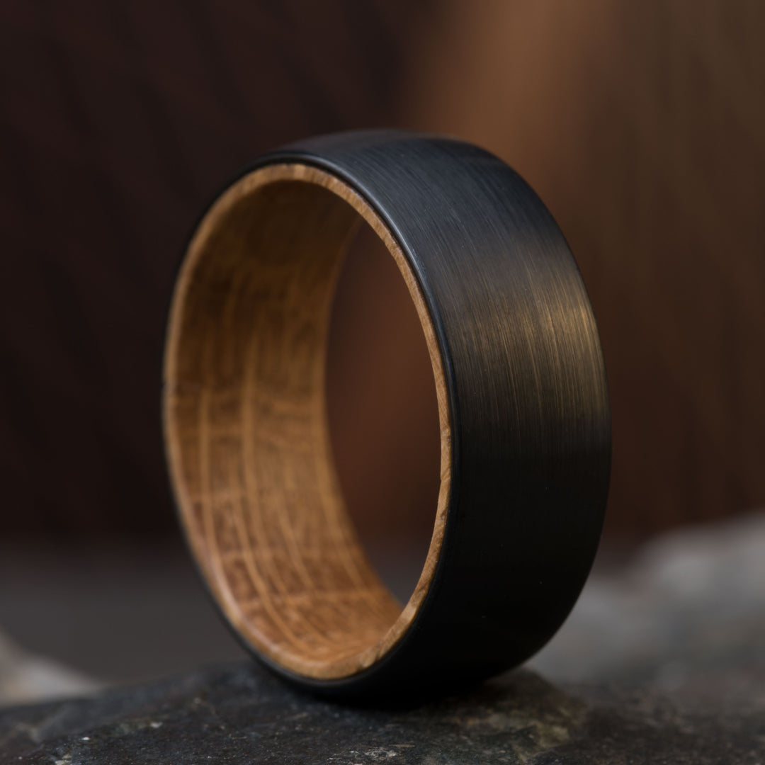 Black Tungsten Ring with Whiskey Barrel Wood Inlay: The Dark Knight