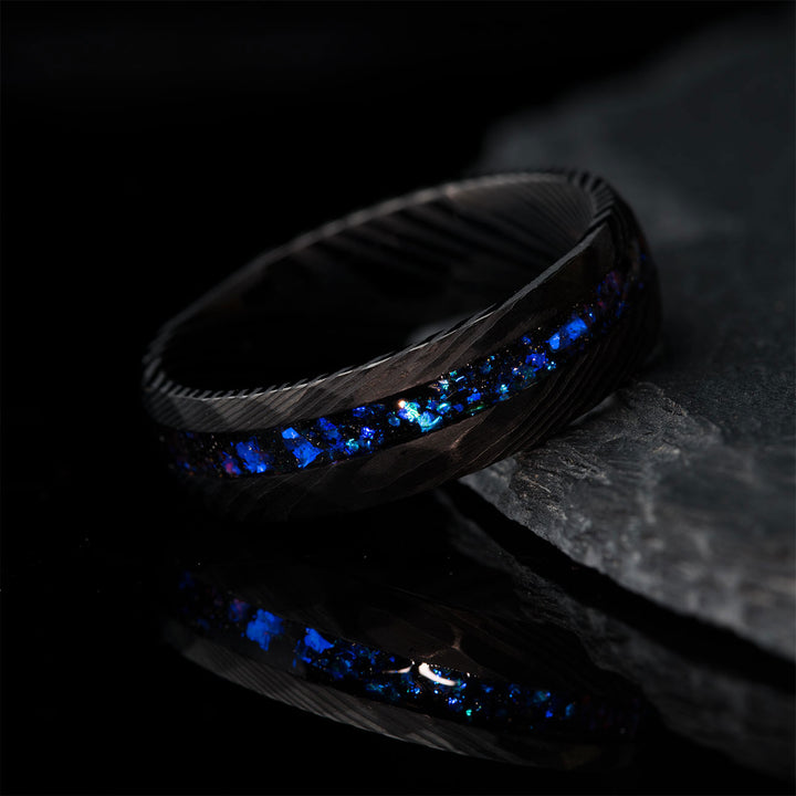The Dark Moon ring - Black Damascus steel ring with blue Alexandrite inlay