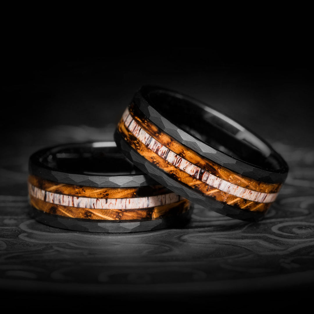 Close-up of Dark Soul ring: tungsten carbide, whisky wood, antler inlay