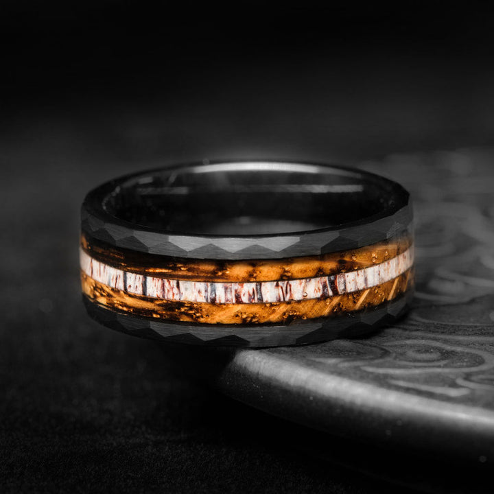 Dark Soul ring: Tungsten carbide, whisky barrel wood and antler inlay