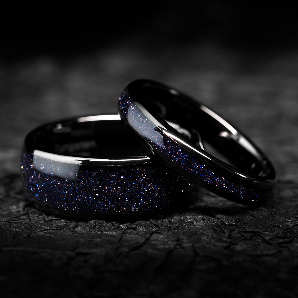 THE DARKSTAR black tungsten men's wedding rings with sparkling blue sandstone inlay.