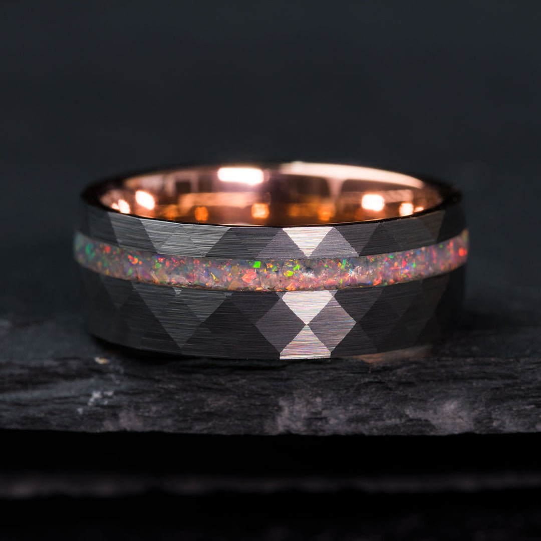 Tungsten ring with crushed opal and rose gold inner band