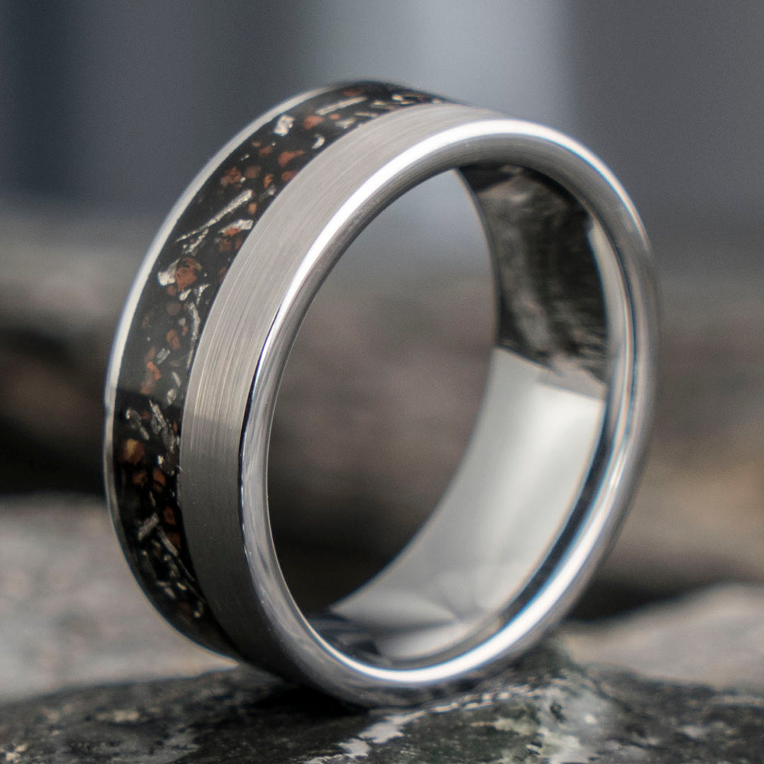 Close-up of The Destroy ring: Meteorite, Dinosaur Bone, and Tungsten