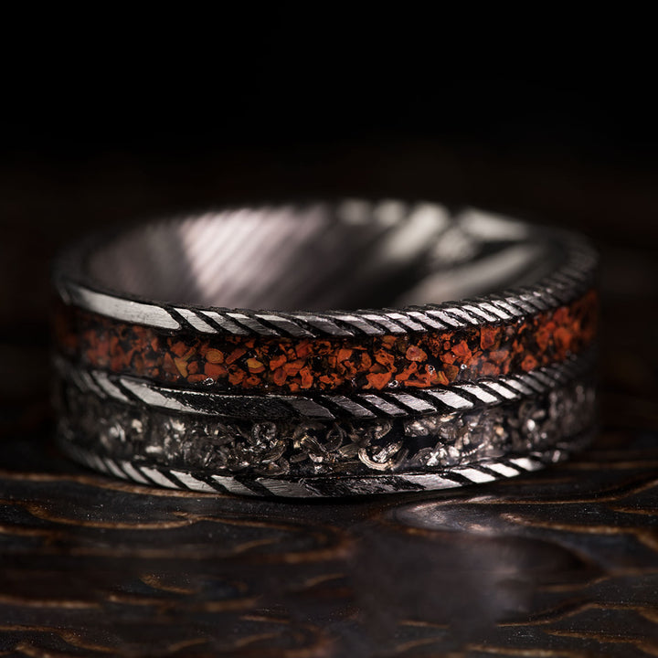 Dinosaur bone inlay ring, Damascus steel wedding band