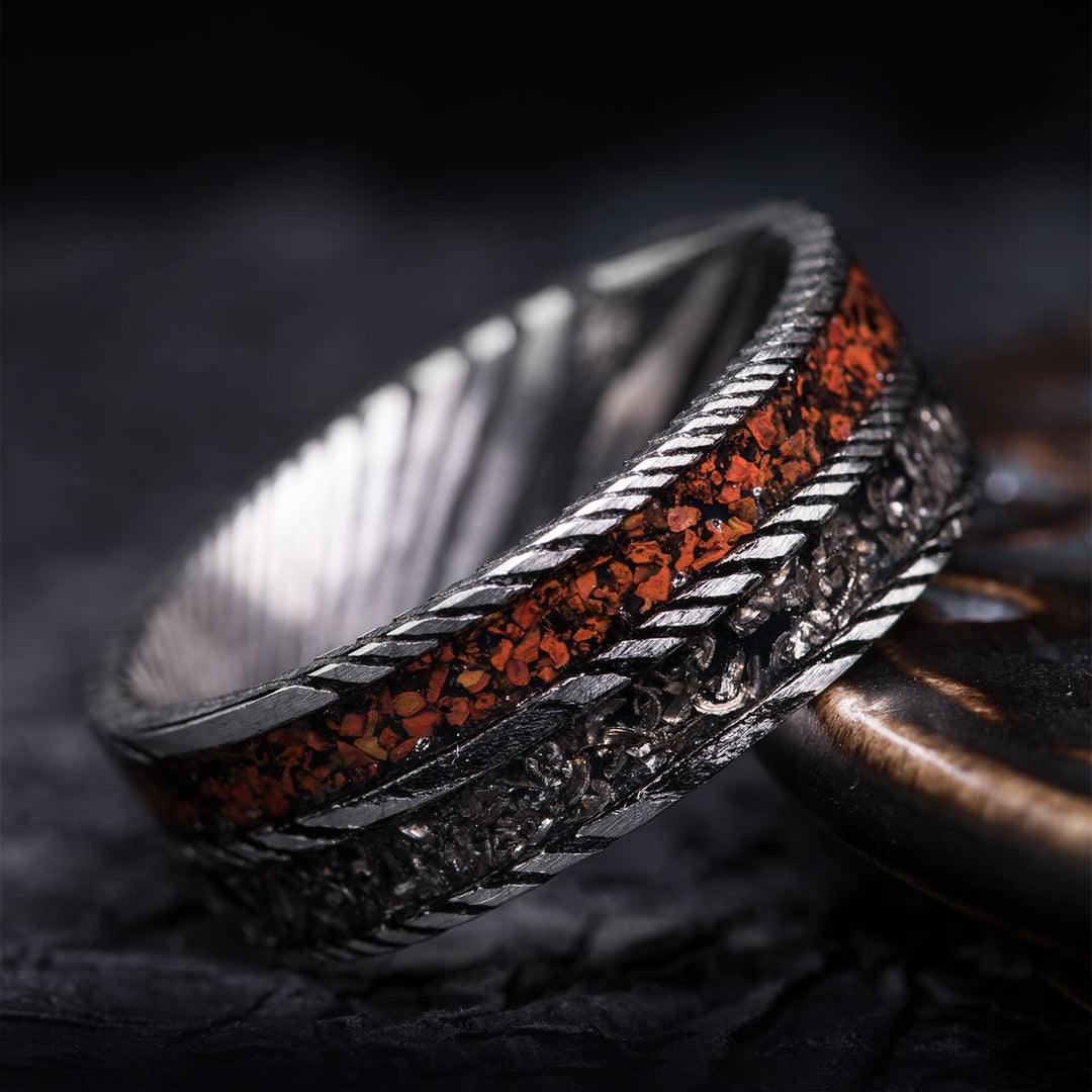 Damascus steel ring with dinosaur bone inlay, unique wedding band