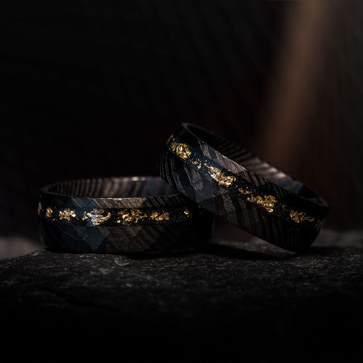 The Exorcist rings with gold leaf inlay and Damascus steel