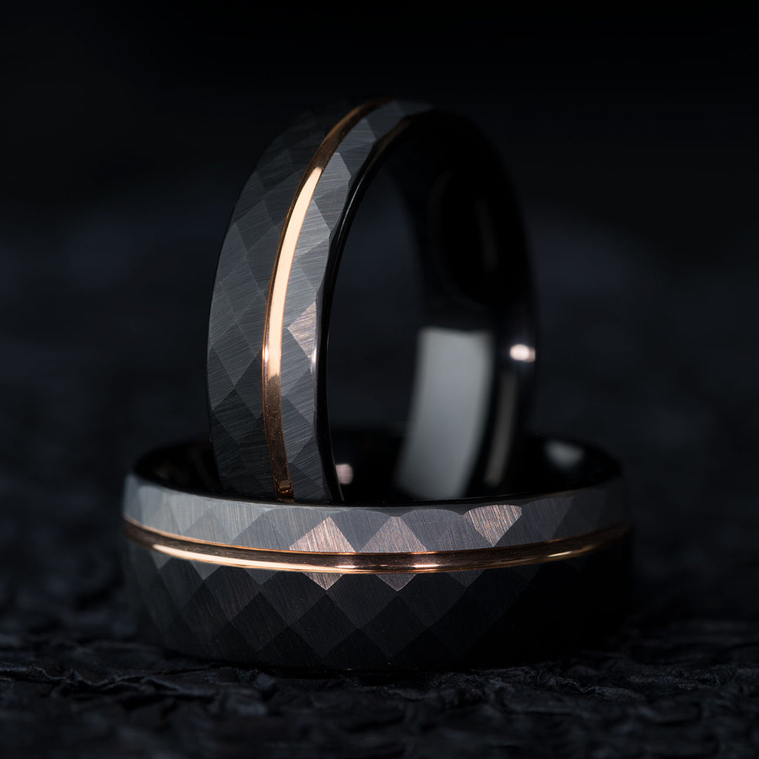 Black tungsten ring with rose gold accent | Unique wedding band