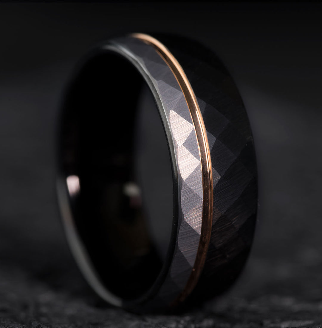 Black Hammered Tungsten Ring with Rose Gold Stripe | The Fighter