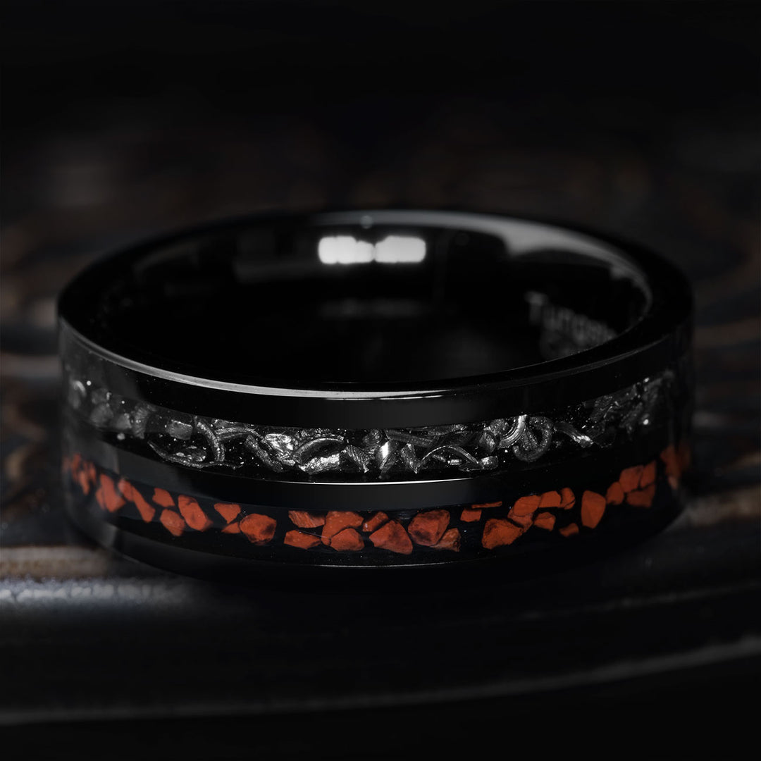 Black Tungsten Ring with Dinosaur Bone and Meteorite Inlay