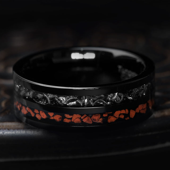 Black Tungsten Ring with Dinosaur Bone and Meteorite Inlay