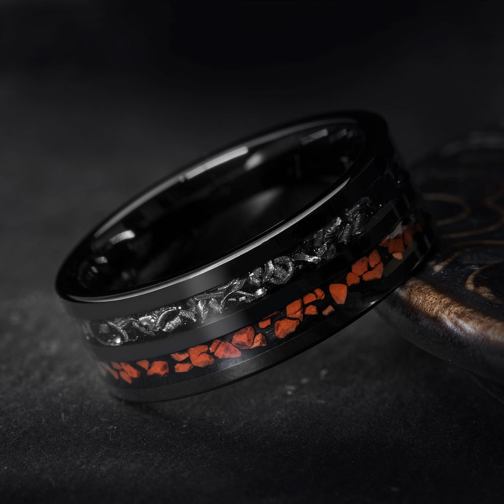Black tungsten ring with T-Rex bone and meteorite inlays, 8mm width.