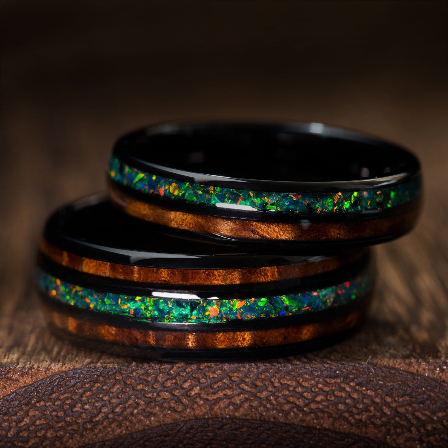 THE GALAXY Mens Opal Ring Tungsten Ironwood Ring Saga Bands