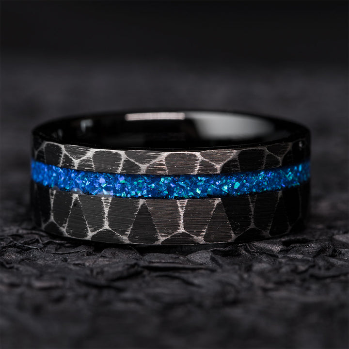 Black tungsten ring with blue opal pinstripe inlay