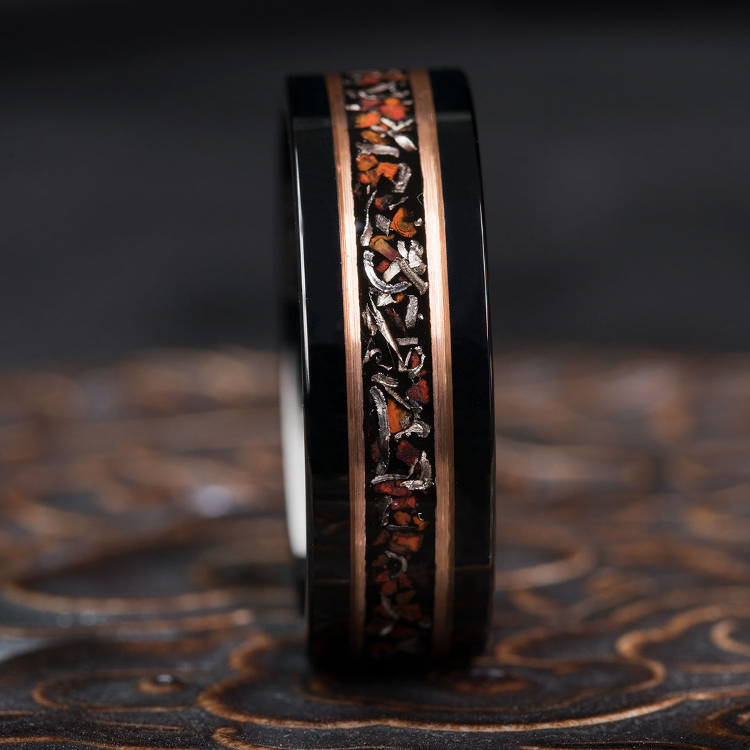Black Tungsten Ring with Dinosaur Bone and Meteorite Inlay