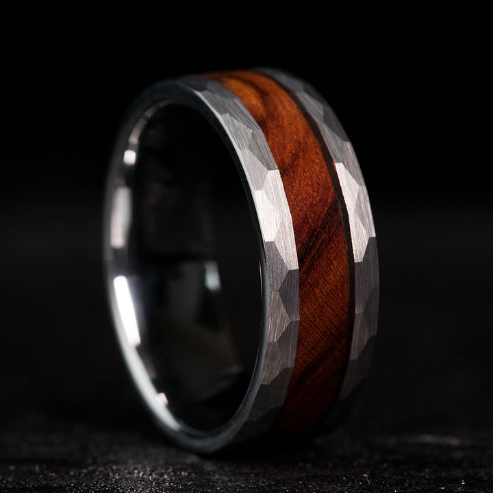 THE COWBOY Ring - Hammered Tungsten and Ironwood, Close-up