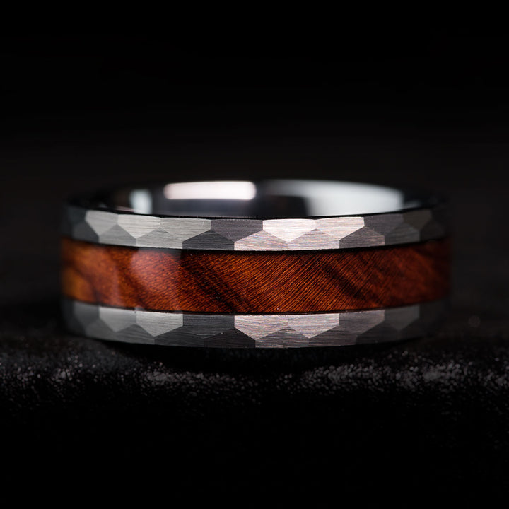 Close-up of THE COWBOY ring featuring Desert Ironwood and Tungsten