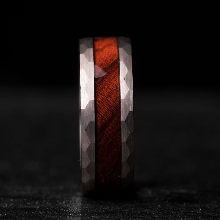 Close-up THE COWBOY ring with Hammered Tungsten and Ironwood