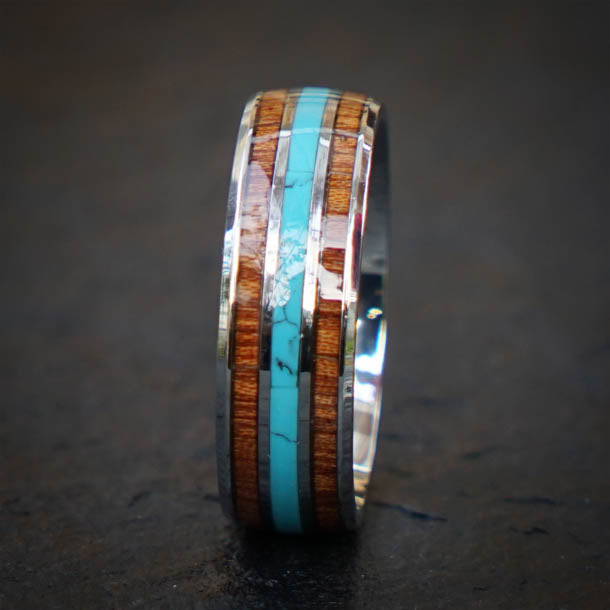 8mm silver titanium wedding band with redwood and turquoise inlay, showcasing natural textures and adventure theme.