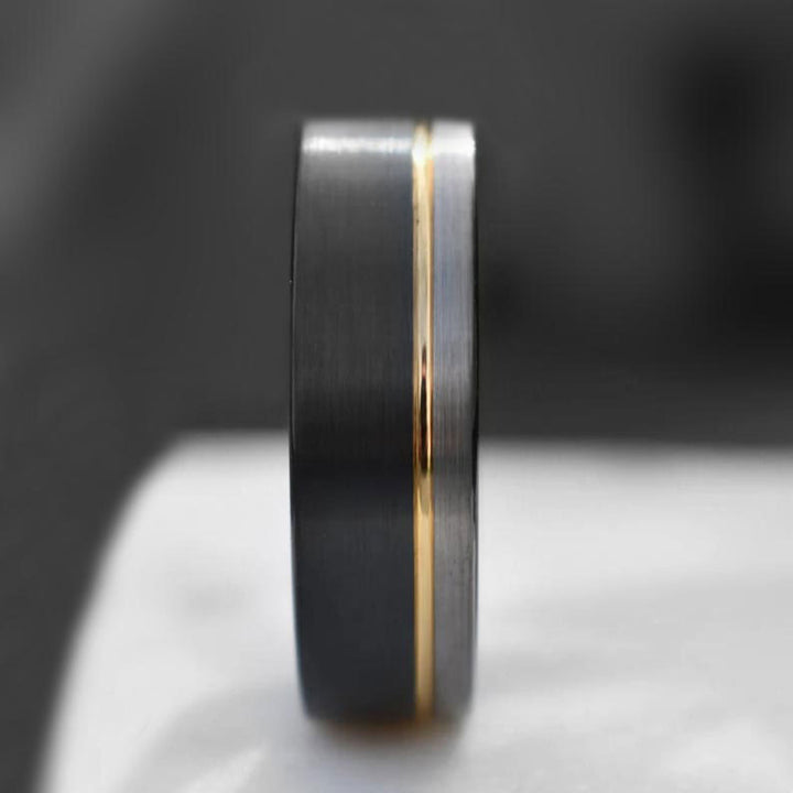 Tri-color tungsten ring, black and gold wedding band, The Journeyman