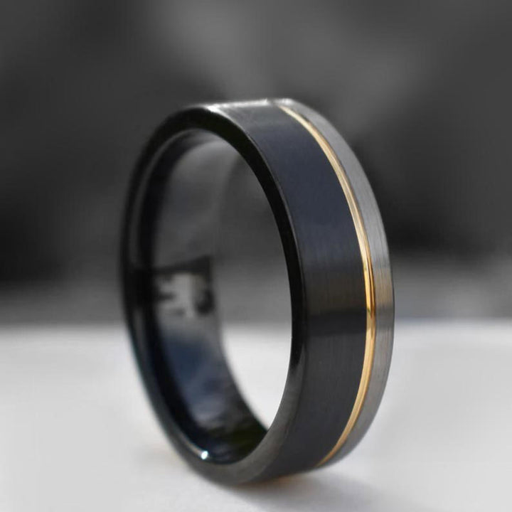 Black tungsten ring with gold inlay, The Journeyman ring