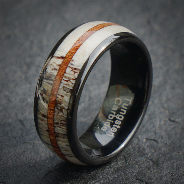 The Wild King ring: black tungsten with antler & whiskey barrel wood inlay.