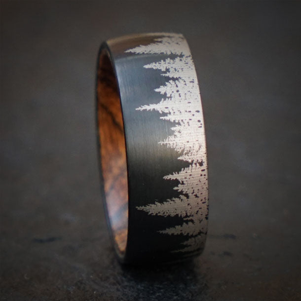 Black Tungsten Ring with Forest Etching