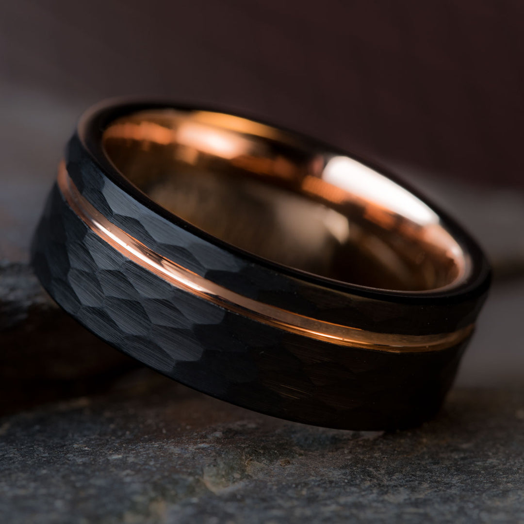 Black Hammered Tungsten Carbide Ring with Rose Gold Inlay