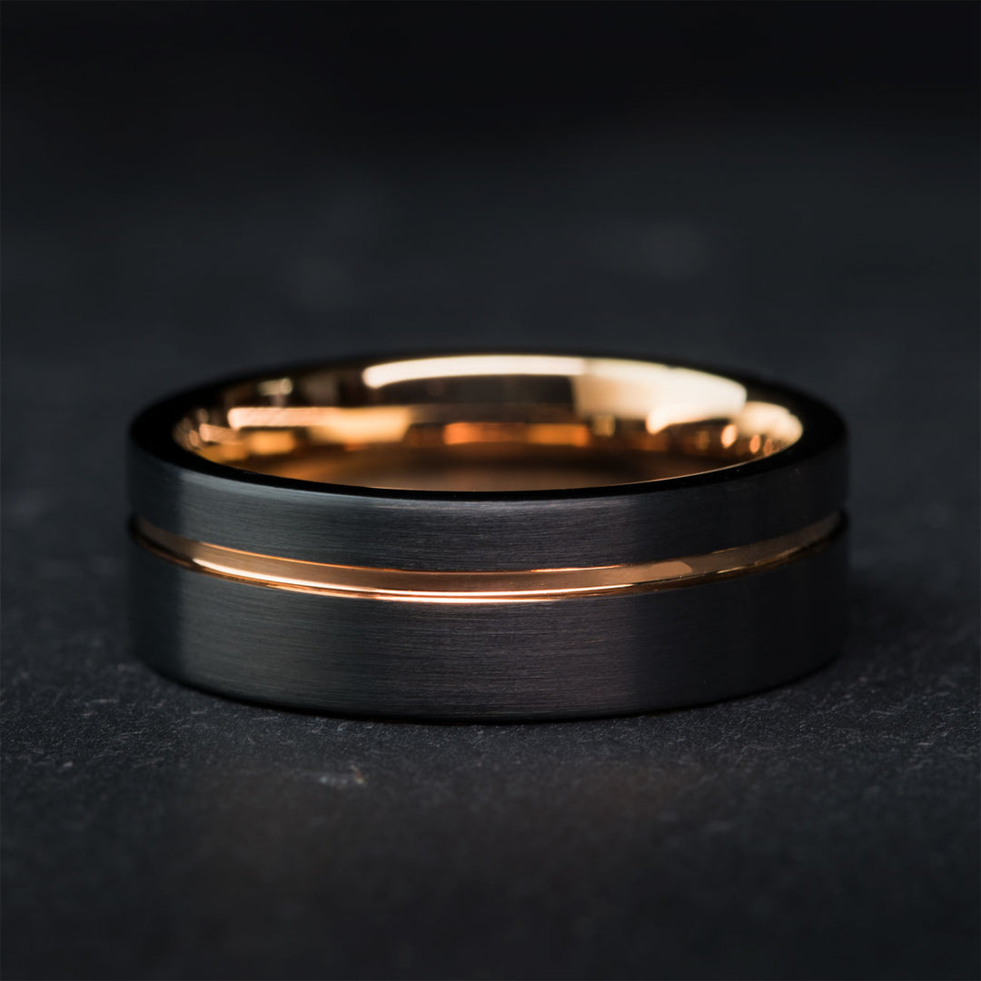 Black Tungsten Ring with Rose Gold Inlay