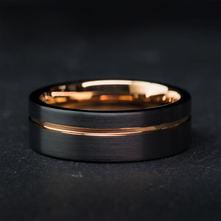 Black Tungsten Ring with Rose Gold Inlay