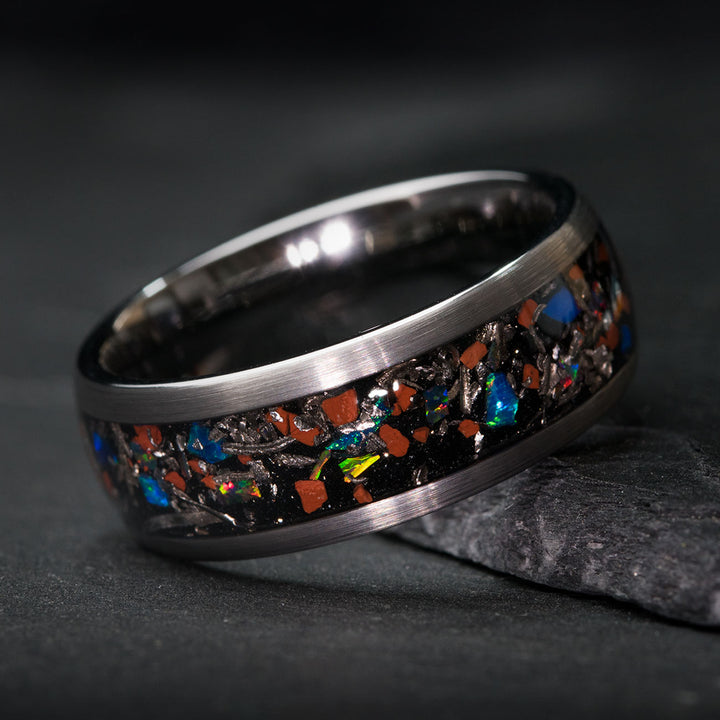 SagaBands THE LICH KING Ring featuring meteorite, T-Rex Bone and Opal inlay