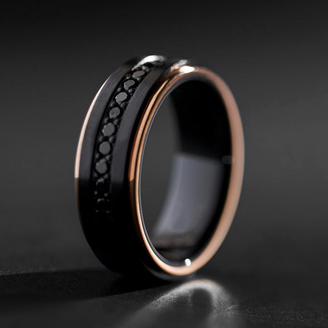 Black tungsten men's ring with black zircon inlay and rose gold edges