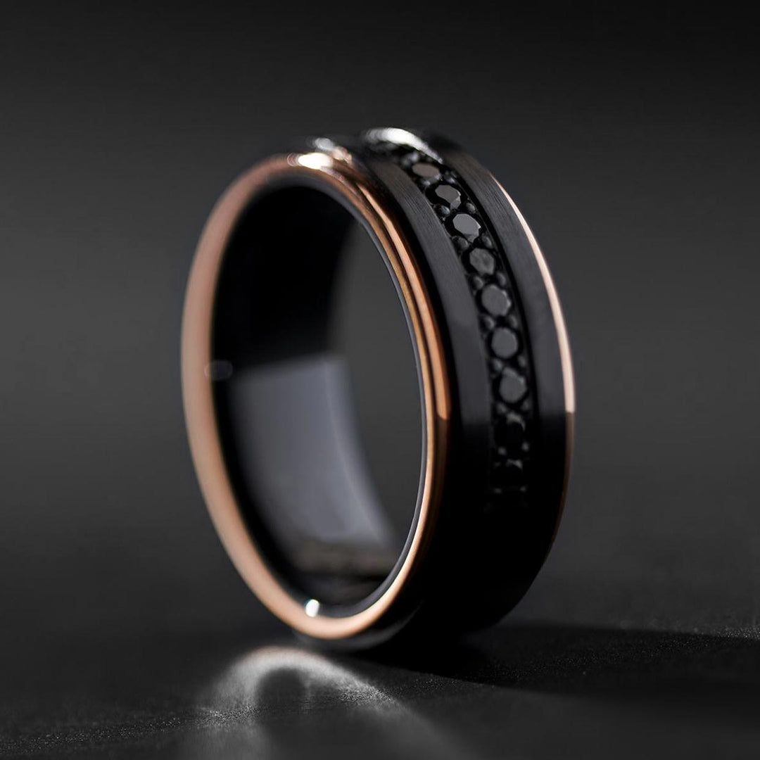 Black tungsten ring with black zircon and rose gold edges
