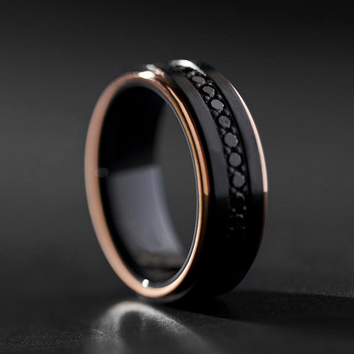 Black tungsten ring with black zircon and rose gold edges