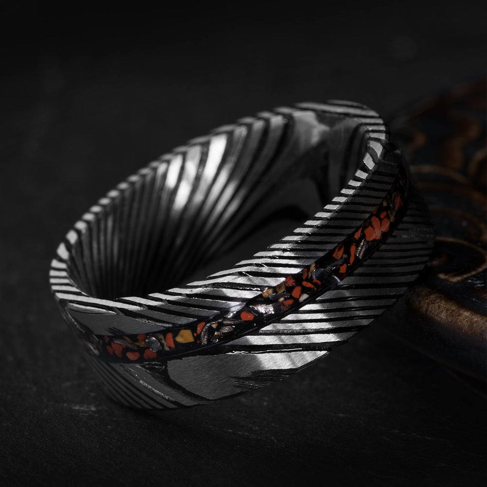 8mm silver Damascus steel ring with T-rex bone and Gibeon meteorite inlay on product page.