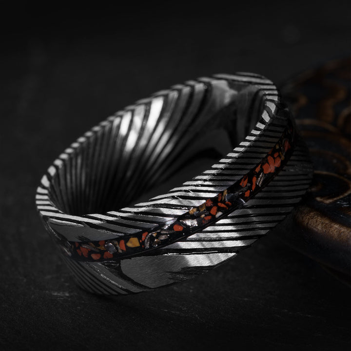Damascus steel ring with dinosaur bone inlay - The Miracle